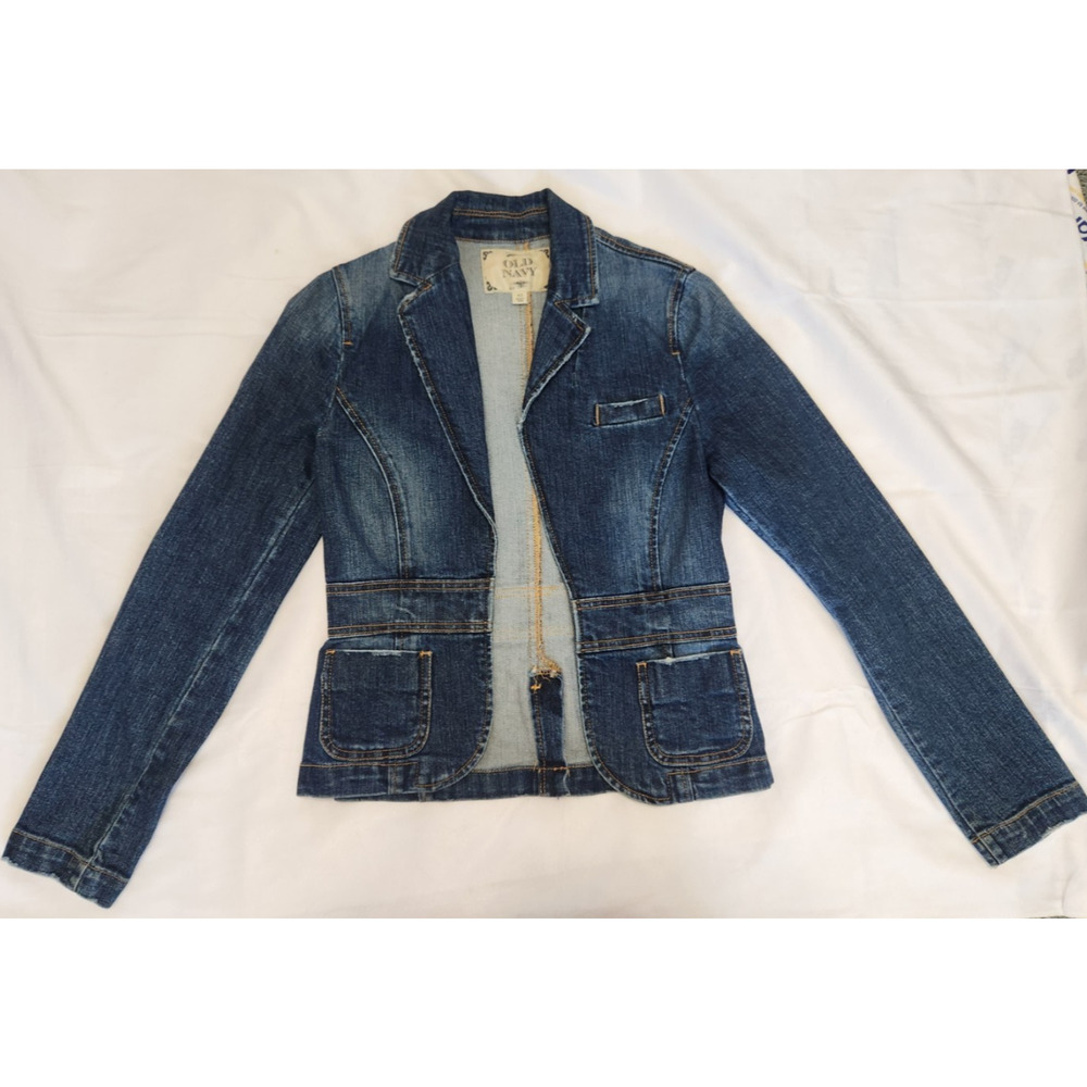 Vintage Old Navy Denim Jean Blazer Jacket Y2K Stretchy Collared Size XS